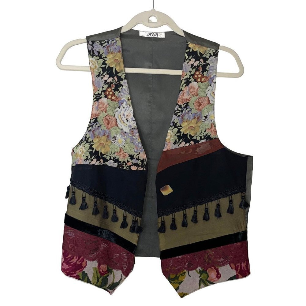 Vintage Jassa Womens Vest Multicolor Size Medium Mixed Fabric Open Front Lined
